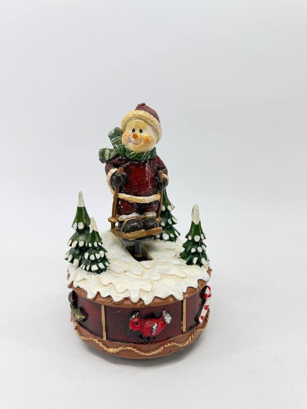 Resin Snowman Sledding Wind Up Music Box Christmas Winter Scene Figurine